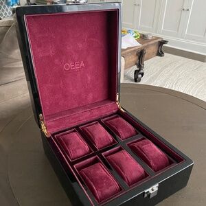 6 Slot Watch Box Case - Piano Black w/ Burgundy Velvet
